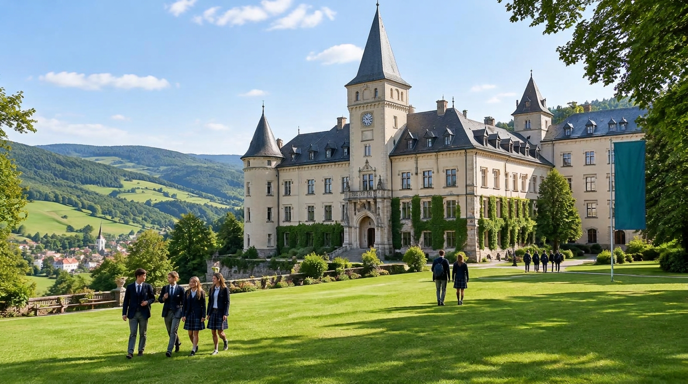Illustration of a European boarding school campus